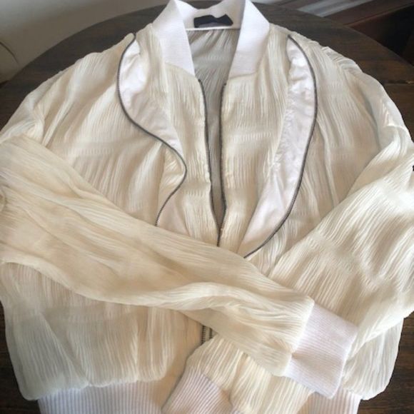 🤍 SUPERFINE Sheer White Ruffled Bomber Jacket - Picture 13 of 14